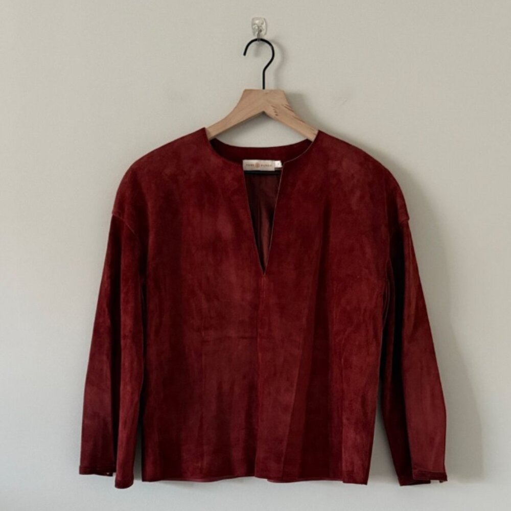 Tory Burch Suede Notch Neck Blouse in Cognac Brown Size 0